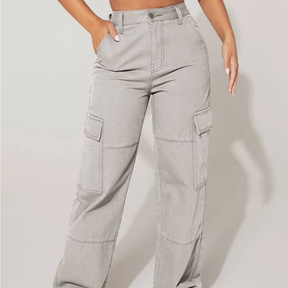 SHEIN PETITE High Waist Flap Pocket Cargo Pants - Light Gray